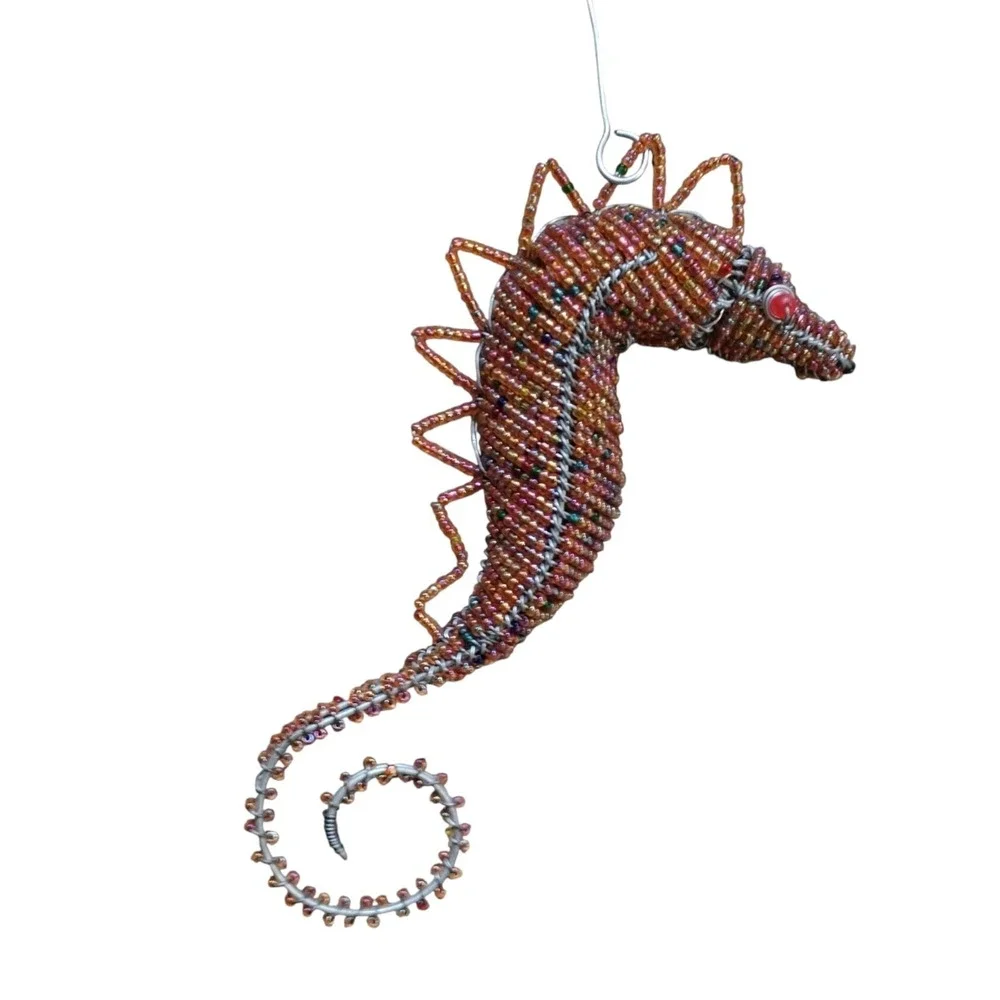 Beaded Wire Marine Life Fish Seahorse Ornaments Lot 3 Coastal Home Decor Folk